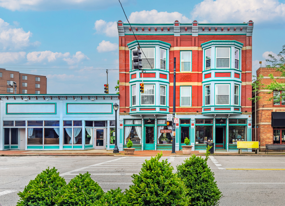 Window shopping through multilevel rural downtowns reveals charming storefronts with unique architectural styles in Mason, OH