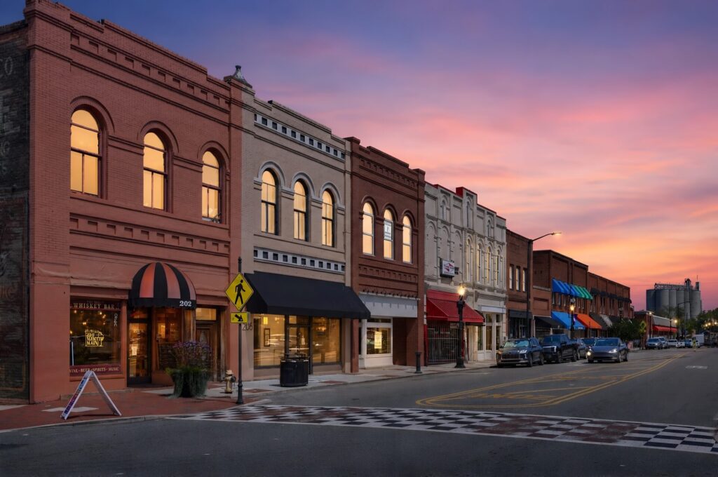 Downtown Mooresville, NC, at dusk.