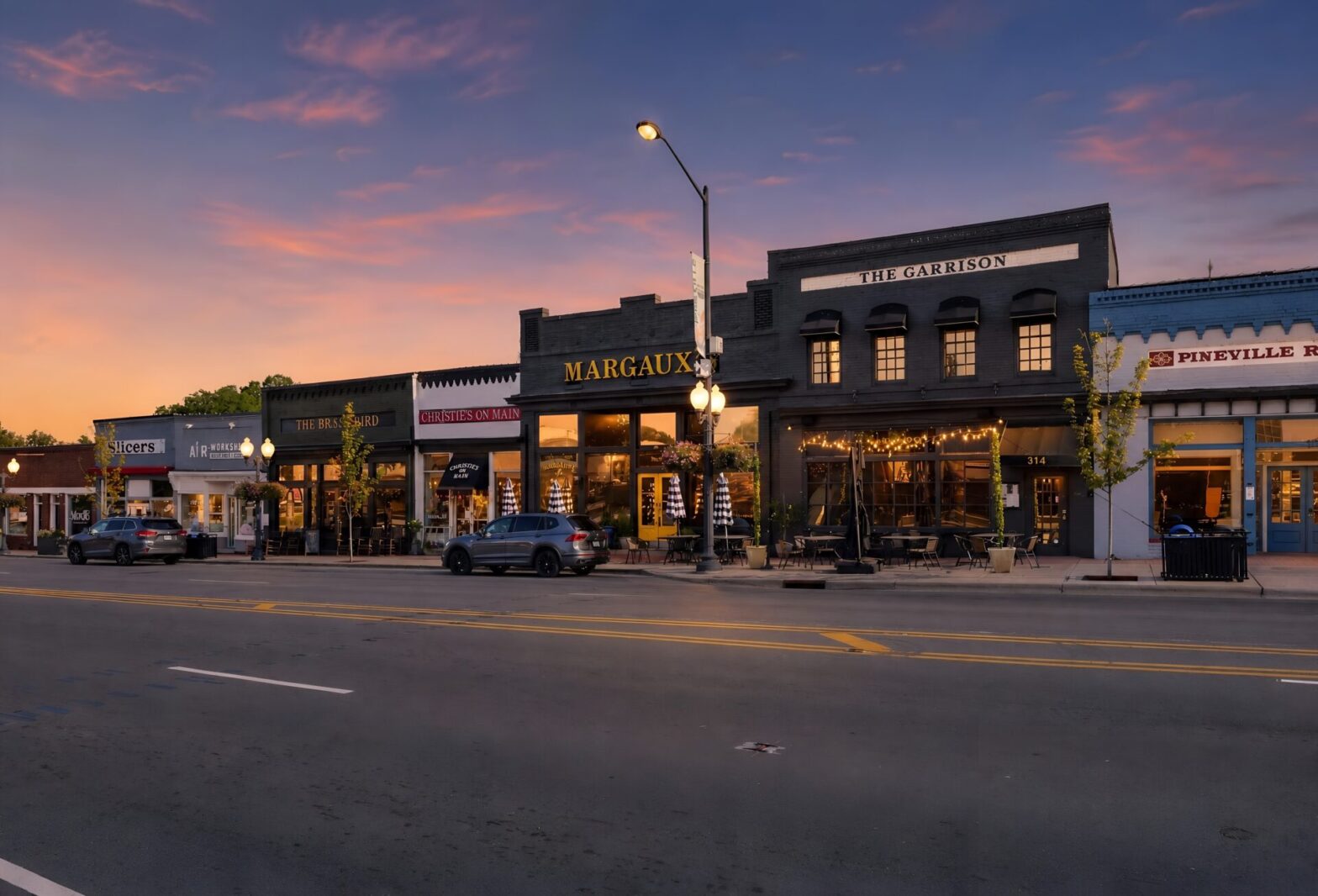 Downtown Pineville, NC, at dusk.