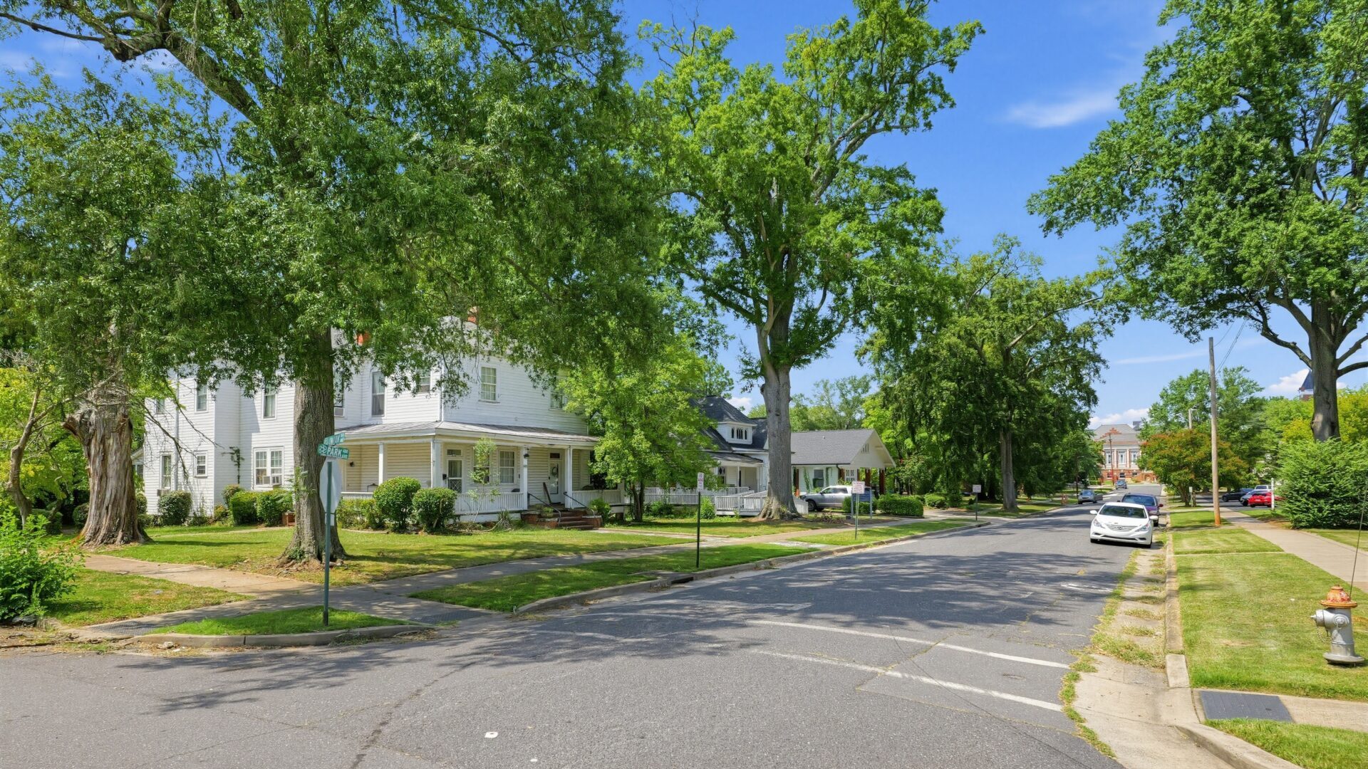 Sidewalk lined streets in Ebenezer Village