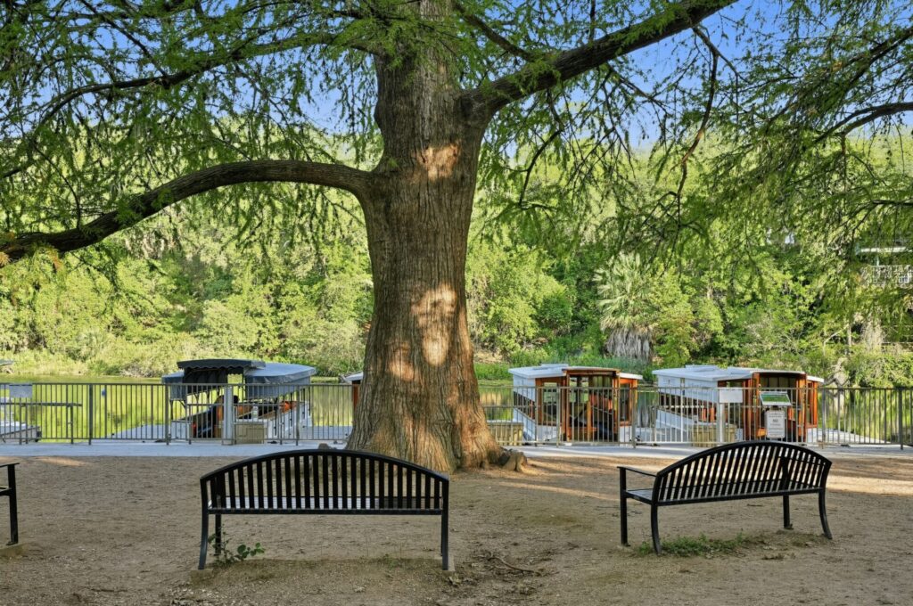 Beautiful park benches under shade trees at The Meadows Center