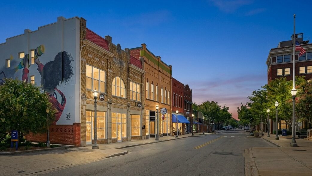 Downtown Rock Hill, NC shops at night