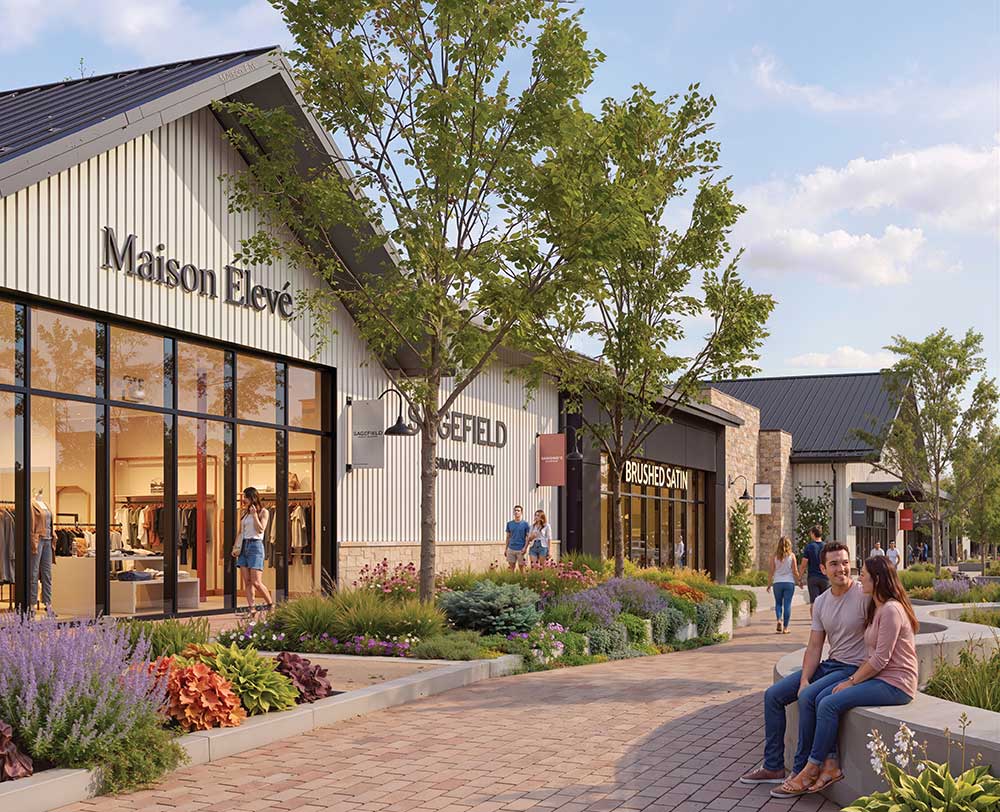 Rendering of boutique storefronts along a flower-lined brick walkway at the planned Sagefield shopping destination in Williamson County, Tennessee