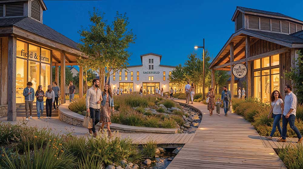 Rendering of people strolling a wooden boardwalk past landscaped gardens and shops at dusk at the planned Sagefield development in Thompson’s Station, TN