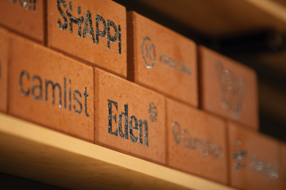 Bricks marked with the names of start-ups partnering with Brickyard in Chattanooga.